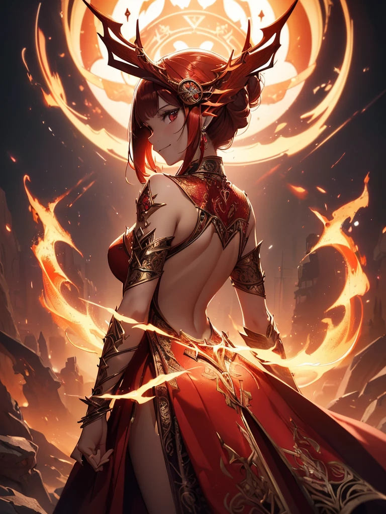 (((best quality, sharp image, clear image, cinematic lighting, 8k resolution, masterpiece, ultra detailed, intricate))) Girl, sorcerer, cute, intricate dress, smiling, fiery red, ((intricate background)), (rune frame), dimension, ((shot from behind)), fire sigils, chaotic background, ((half-body shot))