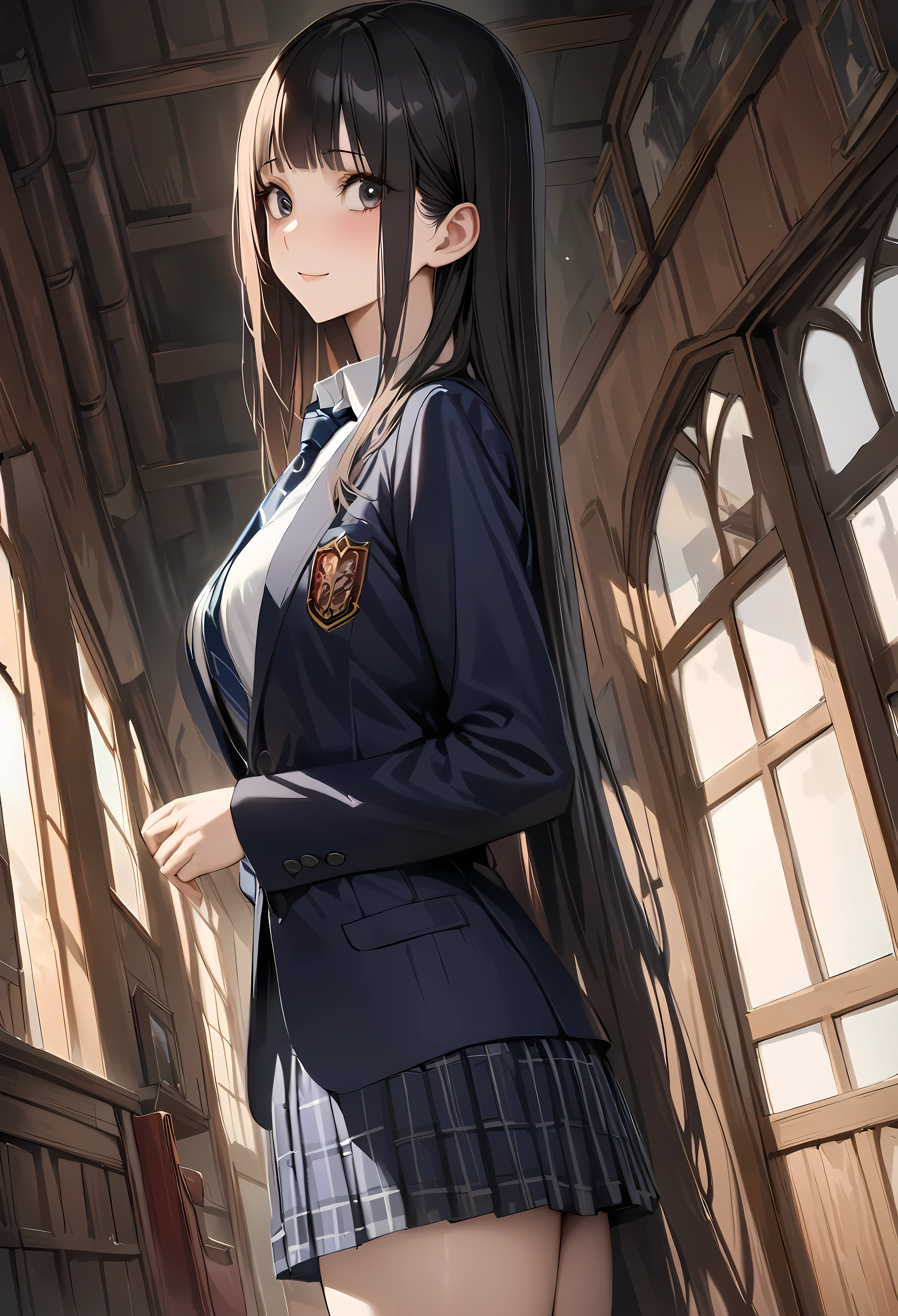 Fantasy art、((masterpiece,best quality anime,Highest quality:1.3)),realistic,portrait,1woman,(Mature Beauty),((very small head:1.4)),((very long body:1.3)),long hair,black hair,bangs,(gorgeous big eyes),black eyes,smile,(School uniform、Dark blue blazer jacket、Navy blue tie、Dark blue plaid mini skirt),white collared shirt,((slender body:1.3,skinny:1.2)),medium breasts,barefoot、standing,Old school building、Harry Potter World,