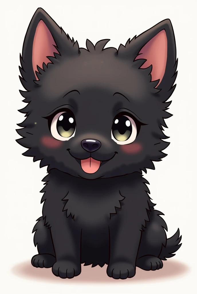 drawing of a cute dog that is anime , your eyes are big , His fur is black and hairy, that it is small and its ears are tender
