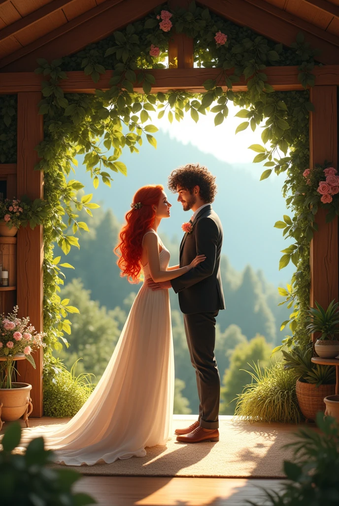 A wedding between a red-haired girl, Bullish, slim, long wavy hair with a black colored boy, curly hair, de 1,70 in a chalet in a green area
