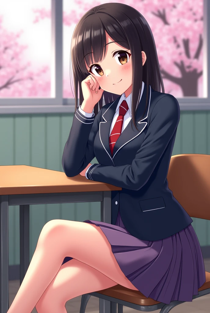 uniform: Navy blue blazer、White shirt、Red tie、Purple pleated skirt、Black Loafers。Appearance: Straight black hair, shoulder length、A clean and friendly impression、Brown eyes、Slightly light makeup。Her chest is a D cup。expression: A bright and cheerful smile、友好的で親しみやすいexpression。background: School classrooms and playgrounds、Where there are cherry blossom trees、Everyday Scenes。Pause: Relaxed appearance, as if talking with a friend、At a desk in a classroom。