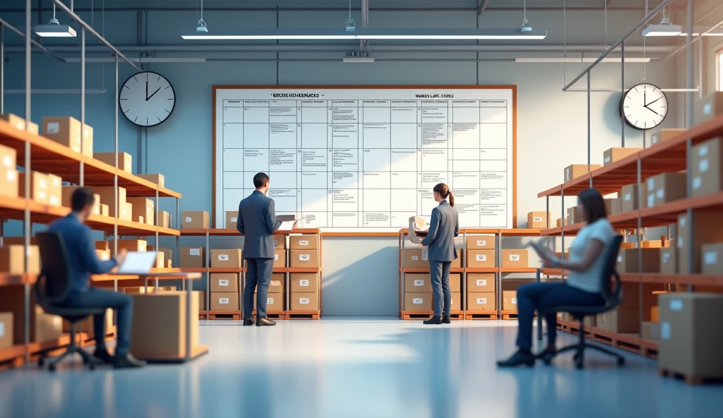 A professional and realistic image depicting a well-organized work schedule in a fulfillment center that promotes a healthy work-life balance. The scene shows a clean, well-lit warehouse where employees are busy with their tasks, with a clear and detailed schedule. In the background there is a subtle indicator of personal life balance, such as a clock showing the end of the work shift, when employees head out to have a good time. The atmosphere is relaxed and productive, highlighting the company's commitment to providing employees with a clear and predictable work schedule that allows them to lead balanced lives.
