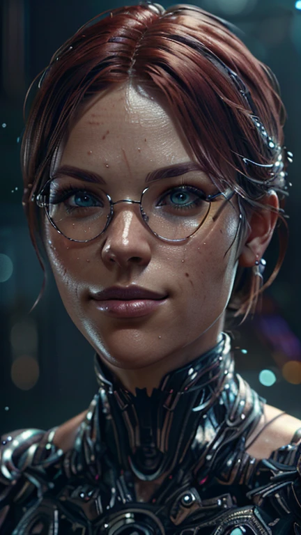 portrait, Close-up, upper body. Red hair, green eyes, smile, Cortana, metal frame glasses. (masterpiece, top quality, Best quality, official art, beautiful and aesthetically pleasing:1.2), extremely detailed,(fractal art:1.2),colorful,The most detailed, (dynamic pose), (Many colors:1.4). ((split. skin texture, Shiny skin. elegance. photorealism. unreal engine. 3D model. Ultra high quality textures. high detail. permission 8k))