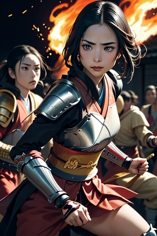 Highest quality，High resolution，Simple，Japan Female Samurai、Female warriors of the Sengoku period、Put on your armor、He is not wearing a helmet.、Intense battle scenes、There are a lot of people fighting around、There are flames all around、Presence、power of eyes、Genuine、Genuine、２５Year、Black Hair