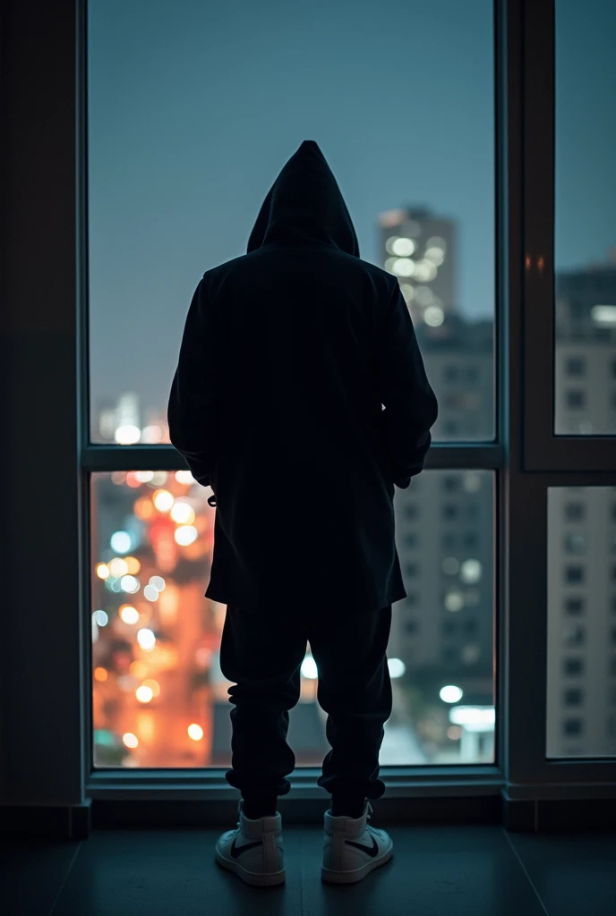 A realistic photo of a tall hooded guy in a black coat and a somewhat loose black sweatpants with white high-top sneakers, Nike style but not totally Nike.. Looking at Panama City at night from an apartment window, The photo taken from behind the person.  Hooded so that nothing can be seen of his head. That the photo is somewhat blurry, so similar as if the quality were cell phone quality. The blurry photo