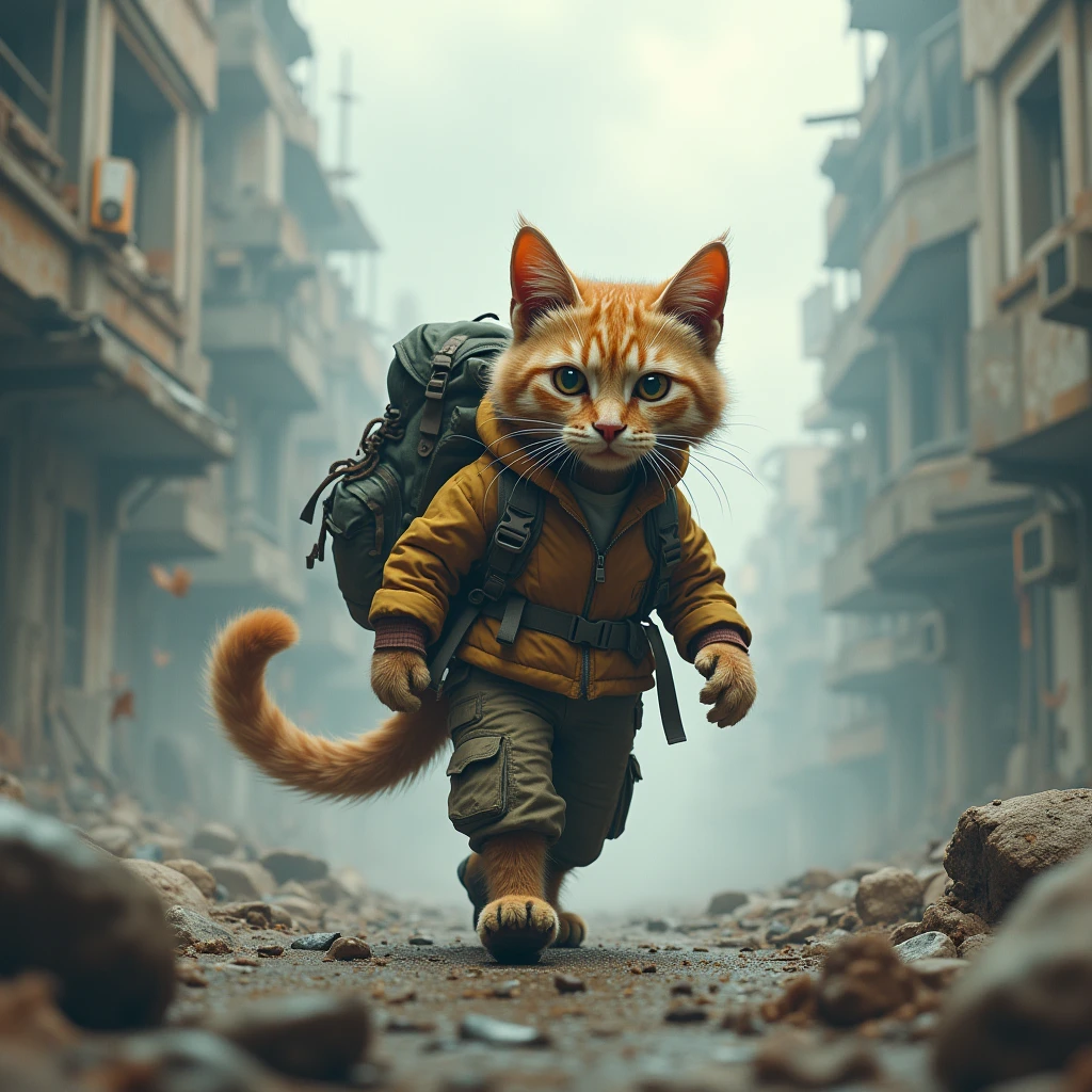 A survivor ((cat)) with bag packs in human clothes walks through a destroyed city, windstorm