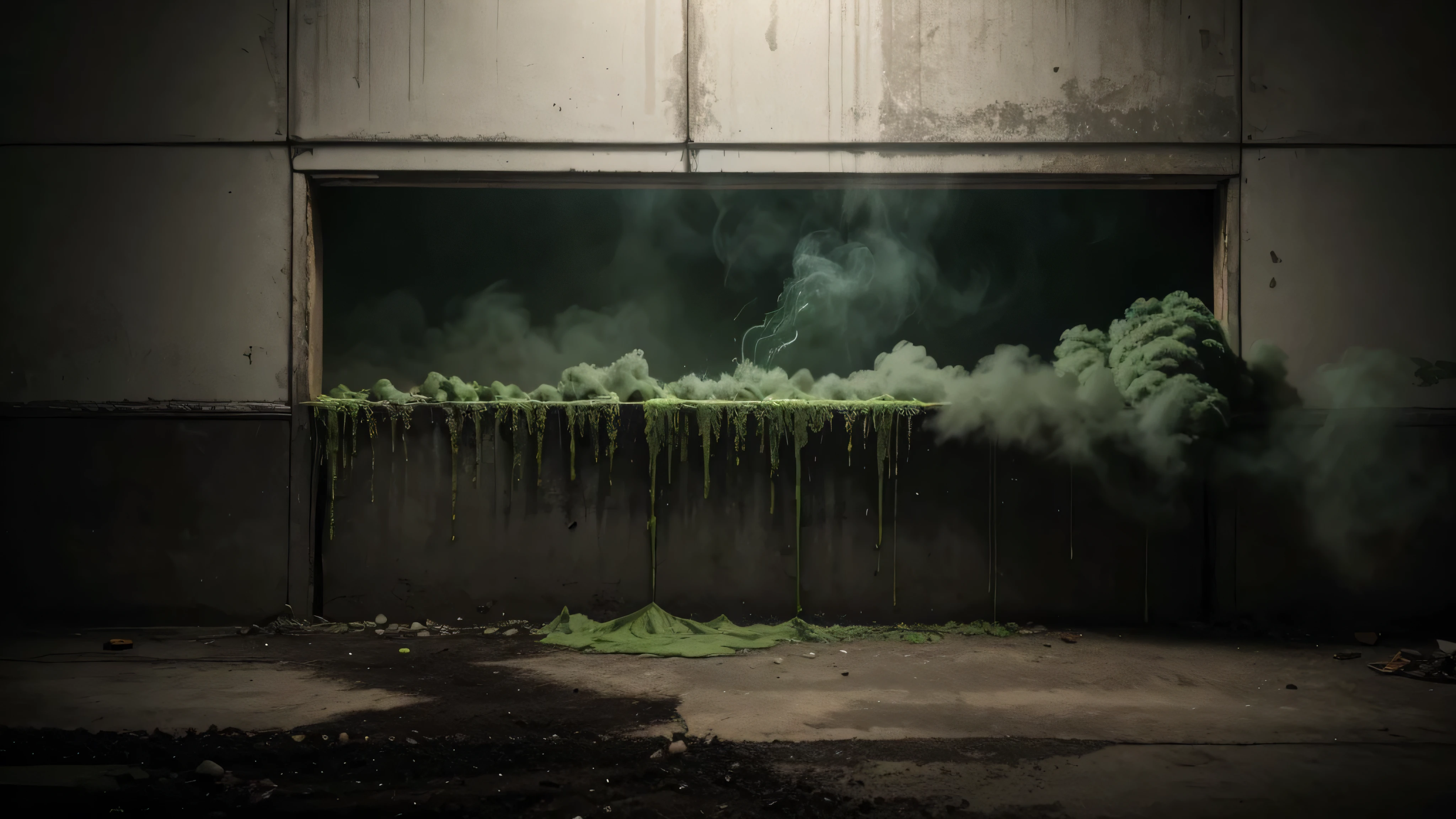 Empty, dark, dirty, toxic wall with green smoke