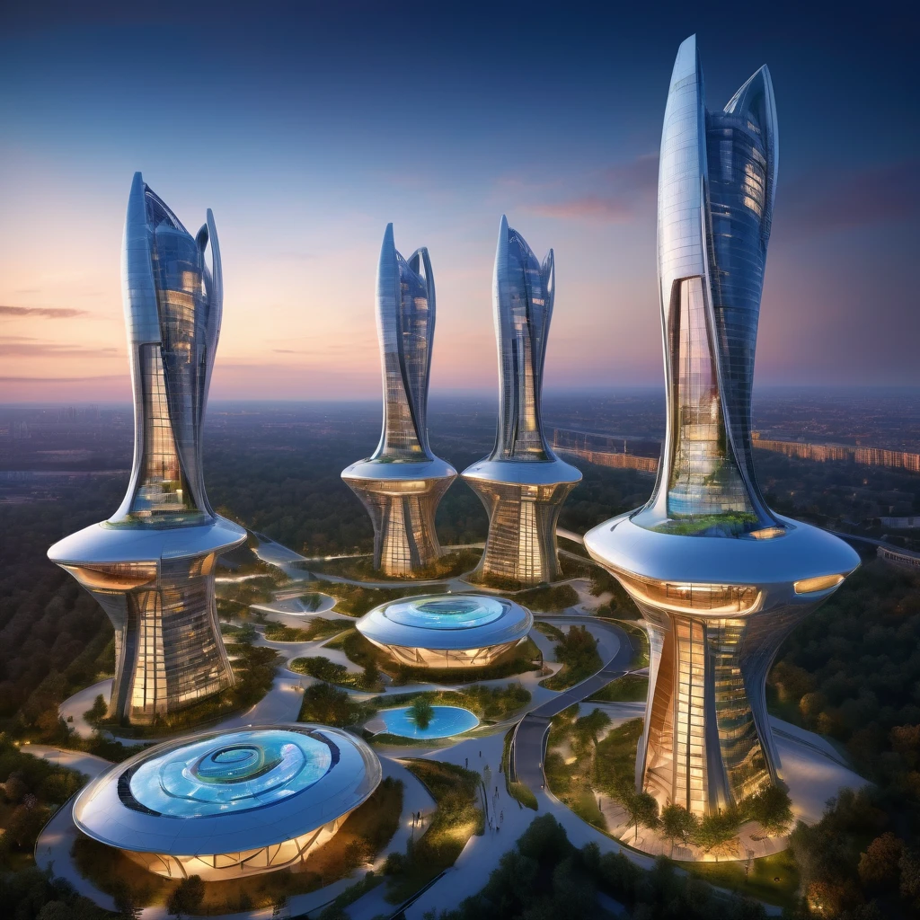 Complex of very tall structures of futuristic design, eco style, aerial view,soft lighting