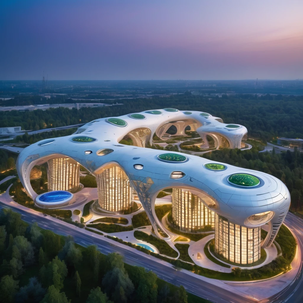 Complex of very tall structures of futuristic design, eco style, aerial view,soft lighting
