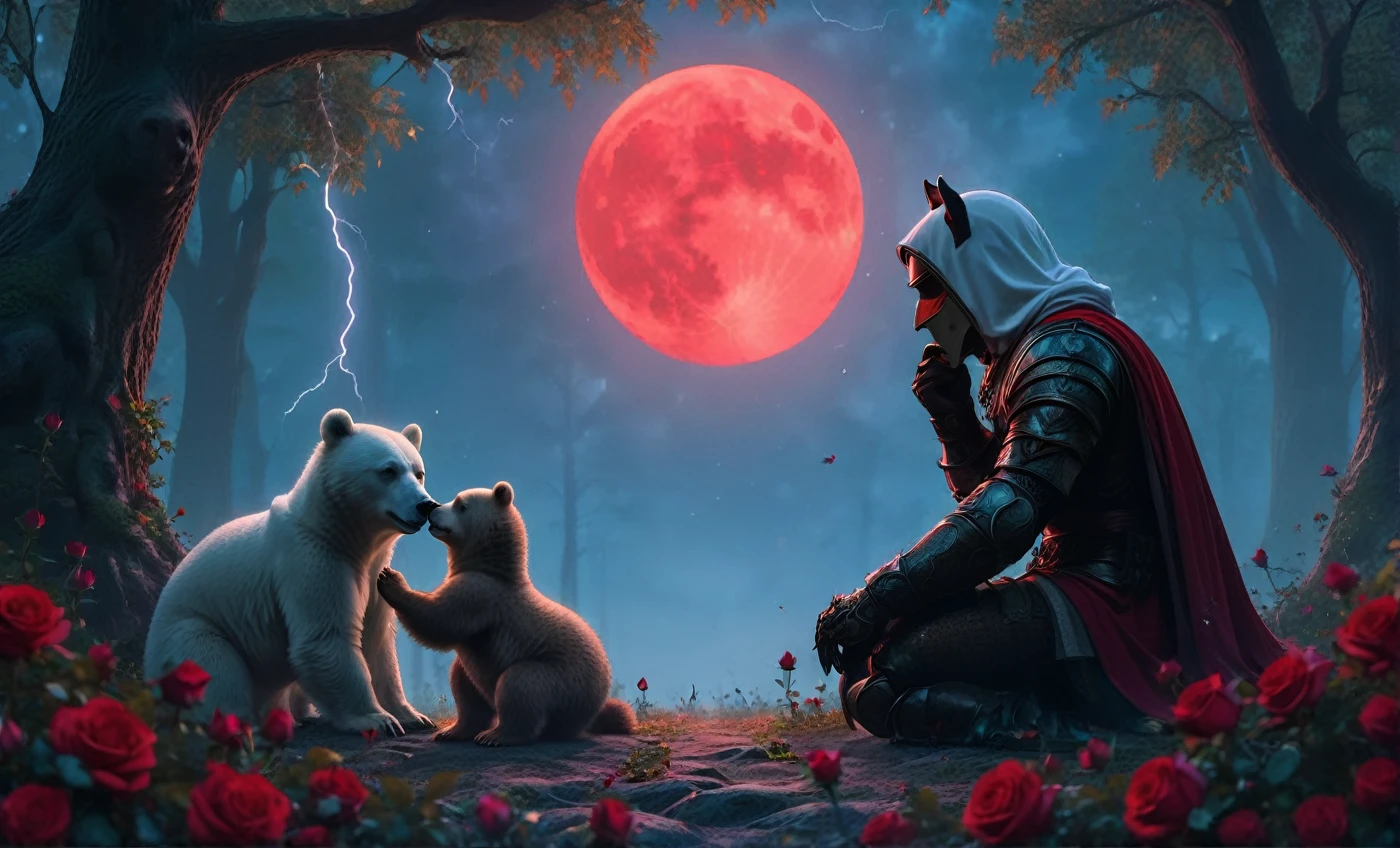 Male knight with a white hood with polar bear ears and a sword behind his back sits cross-legged on the ground towards a baby polar bear and a baby brown bear in a forest while the moon shines, many Roses cover the ground and lightning falls from the sky. The baby polar bear plays with the baby brown bear while the knight enjoys watching them. Only the man wears a red blindfold. In the background of the picture is the blood moon and a tree has fallen down in the path. The forest is full of trees with leaves. The armor of the man is black and red roses decorate it. The sky is full of stars. The knight is thoughtfully touching his face.