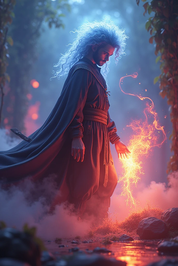 4D animation of a Paranormal practitioner and Supernatural healing, curly haired wearing a cape like a pirate, and there is a 3D sticker with the words GUS clearly written on it_SAMSUDIN