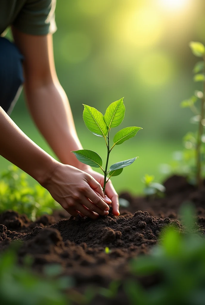 Human showing back and planting the tree