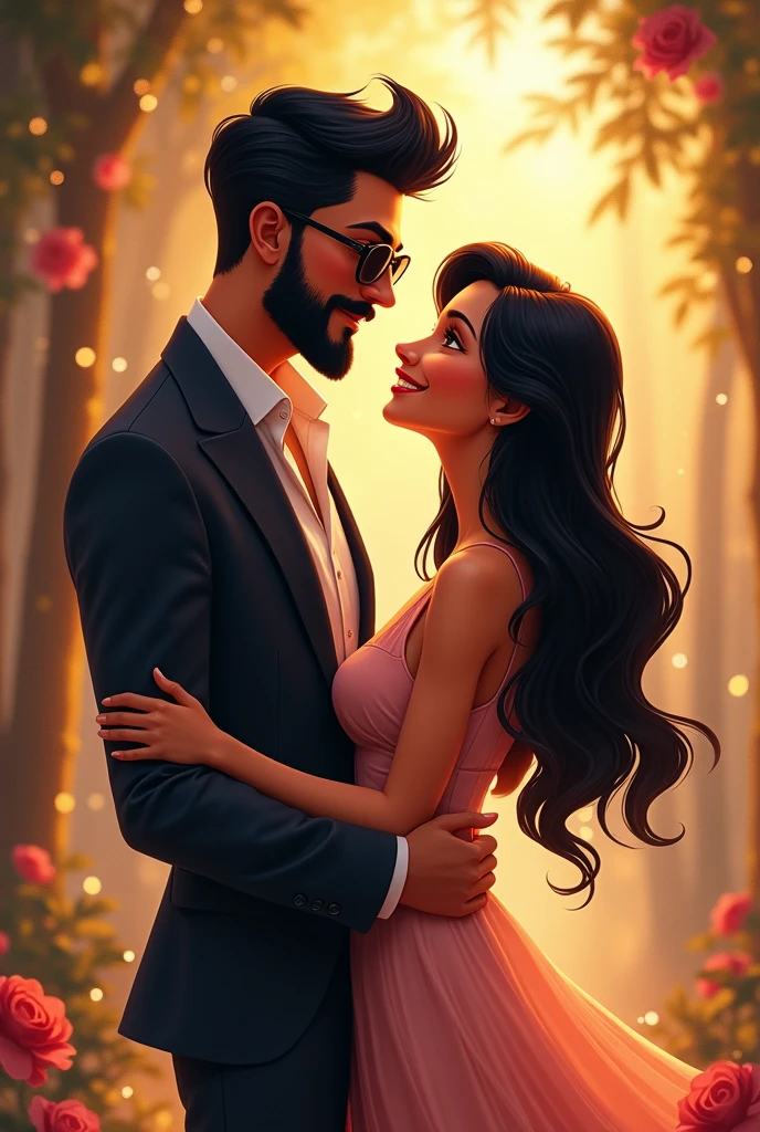 I want a Disney-type image, where a tall 3 boy appears, black hair peinado hacia arriba como si tuviera gel, bearded, body, moreno, black sunglasses, well dressed with his long-haired girlfriend, straight hair, black hair, large eyes, high, slim, very much in love, the title of the image my gift from heaven