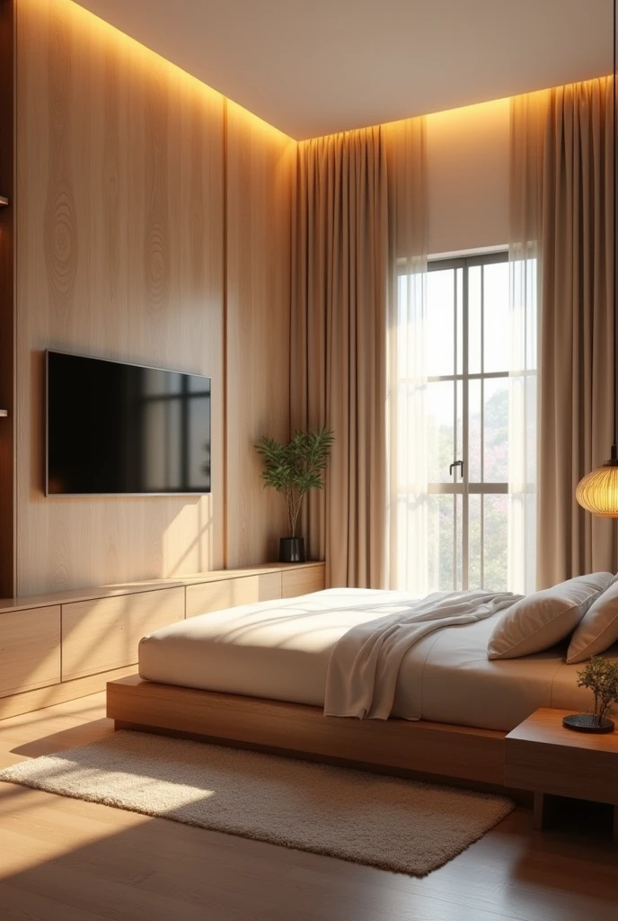 there is a bed with a wooden headboard and a TV on the wall, Room, serene and peaceful style, Ambiente sereno de Room, interior do Room, luxurious environment, realistic physics rendering, luz natural no Room, modern and minimalist, warm ambient light, Soft lighting color scheme, warm interiors, warm interior, interior design