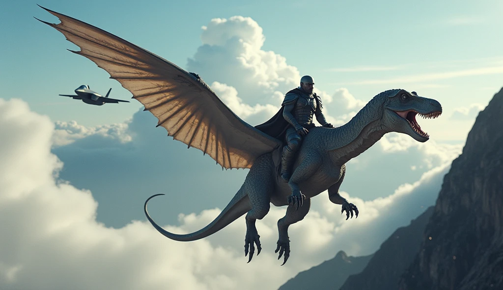 warrior riding a flying winged dinosaur, clouds below, giant mountains, an f-35 jet chasing