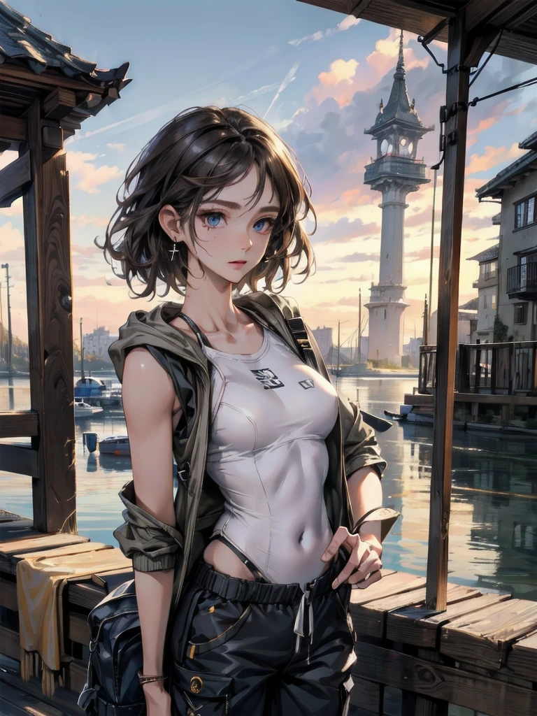 absurdres, RAW photo, extremely delicate and beautiful, masterpiece, Highest Quality, ultra high resolution, 32k, hyperrealistic, realistic, photorealistic, photo-realistic, Real, ultra-detailed, Very detailed CG 8k wallpaper, detailed background, landscape, Beautiful Lighting, Perfect Lightning, Realistic Shadows, perfect anatomy, anatomically correct, ideal ratio body proportions, perfect figure, Perfect Style, Perfect balance, super Detailed skin, 20 years old, very Slim body, narrow waist, very small head, very small face, delicate facial features, handsome detailed woman, very detailed eyes and face, realistic face proportions, Realistic beautiful face, Realistic beautiful eyes, tearful mole, earring, very huge round tits, short medium hair, asymmetrical hair, wavy hair, Outdoor Vest, hoodie, Waders, Long pants for fishing, Big backpack,