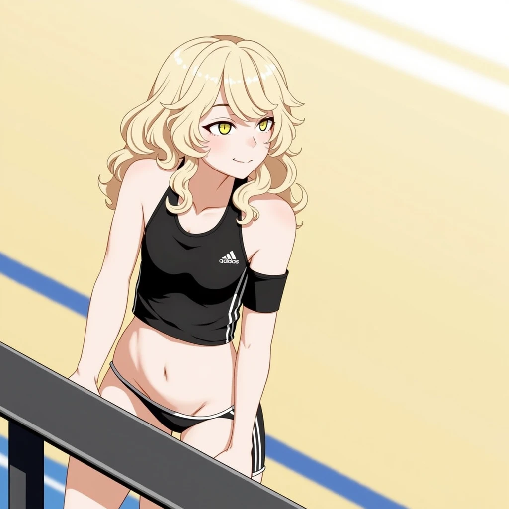 Make a Caucasian boy with wavy blond hair wearing sports shorts and no top
