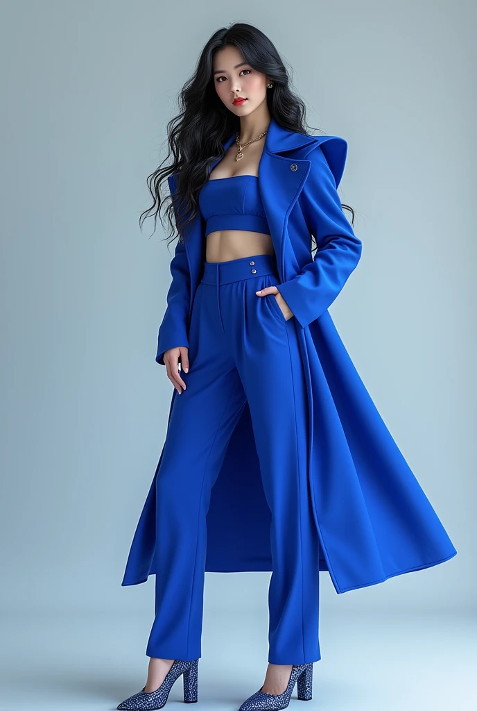 Girl with black wavy/curly hair wearing a royal blue kpop outfit and butterfly heels