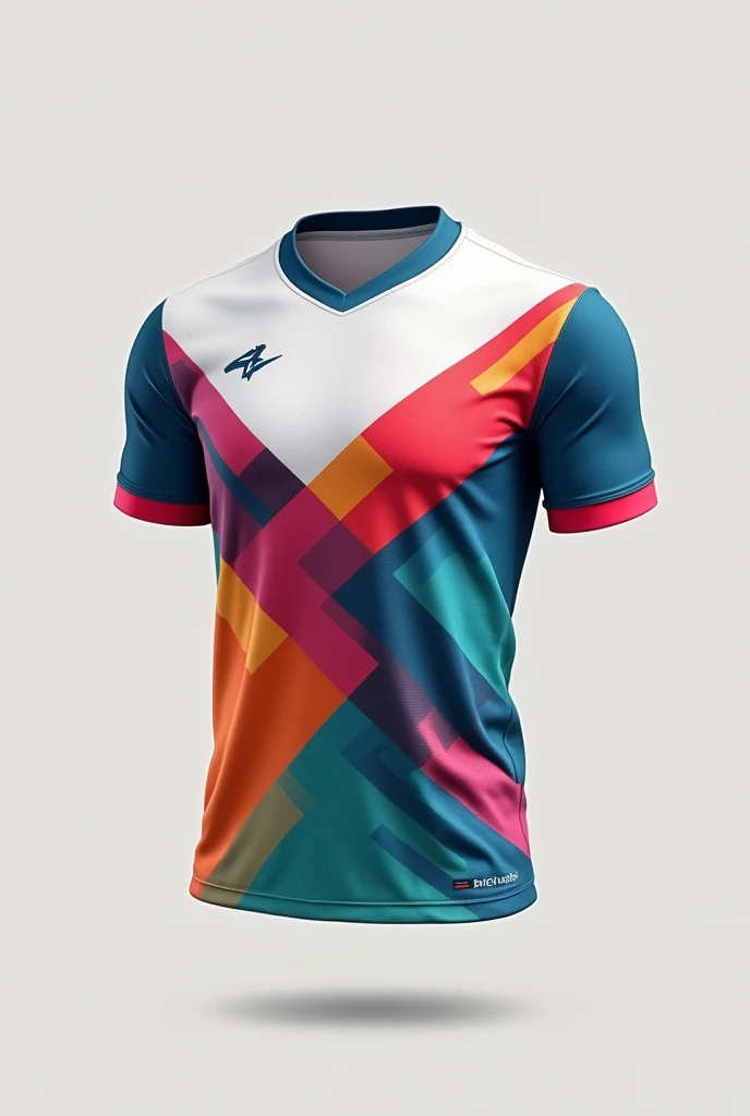 A vibrant football jersey , featuring a unique geometric design with a combined colours, white as the main color. The jersey incorporates various patterns including triangles and lines, creating a dynamic and modern look, no logos, no texts, from front.