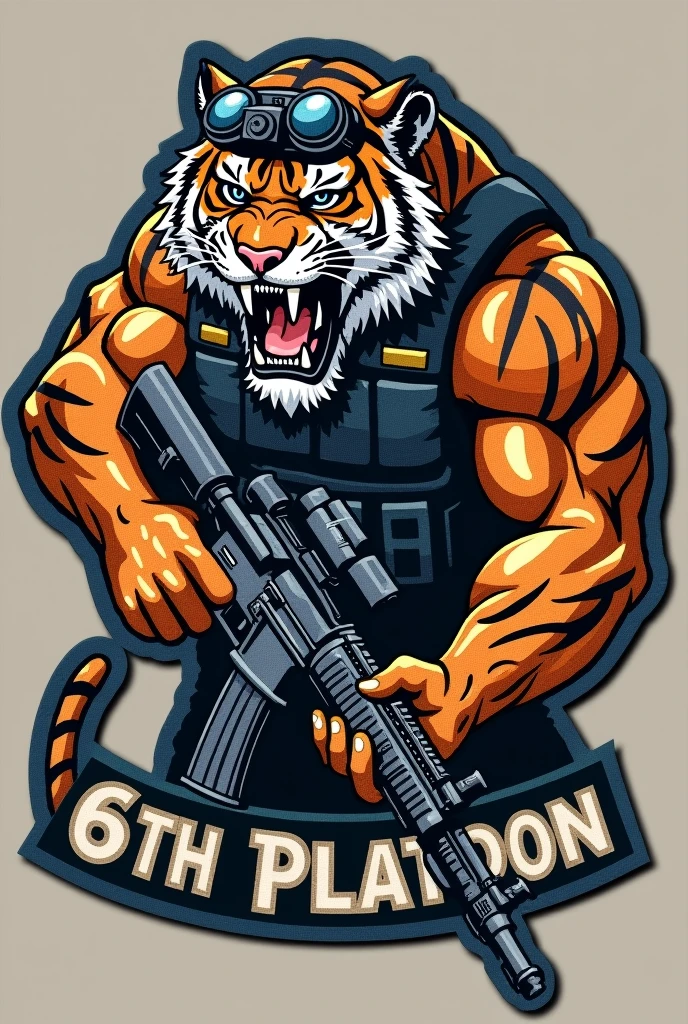 Military patch of a muscular Sabretooth Tiger with NVG bulletproof vest and M16 rifle with the legend of 6th Platoon