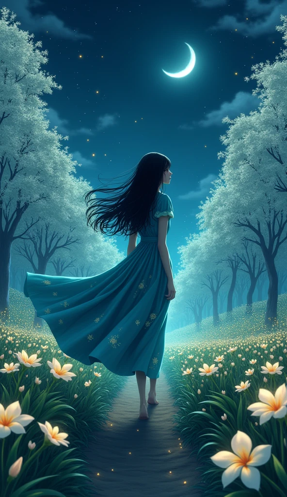 only one girl, long black hair, standing far away while looking behind, wearing a blue green dress with plumeria flowers printed, night time, fireflies, plantation of white plumeria flower