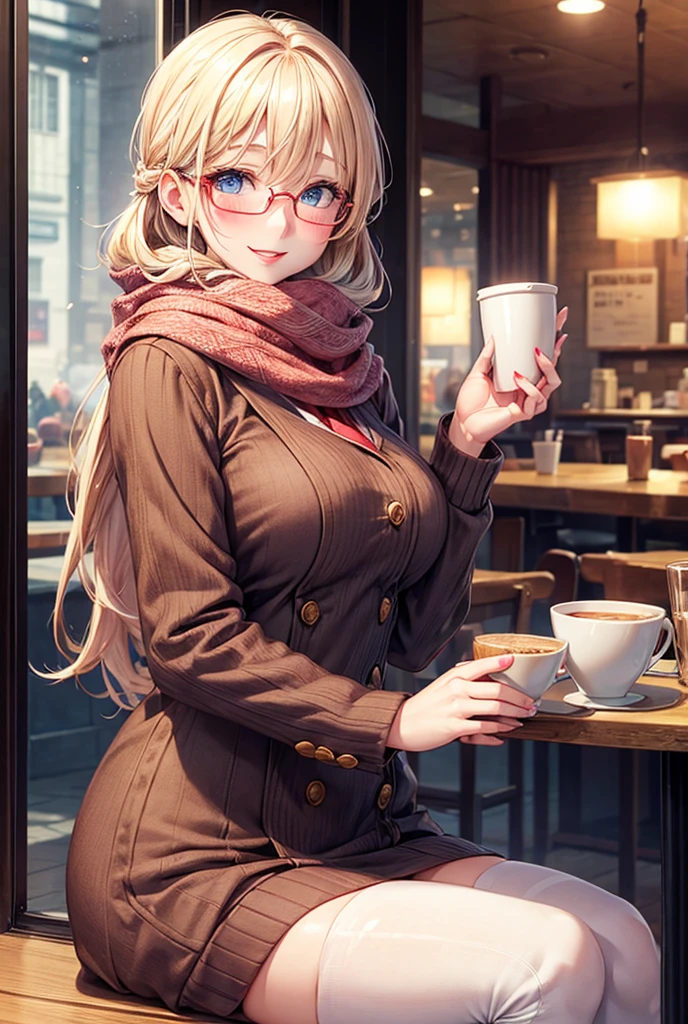 1girl, Blush, Blonde Hair, Blue eyes, Large breasts, Red Lips, Nervous smile, Shy, Wearing winter clothes, glasses and scarf, Set in a cafe