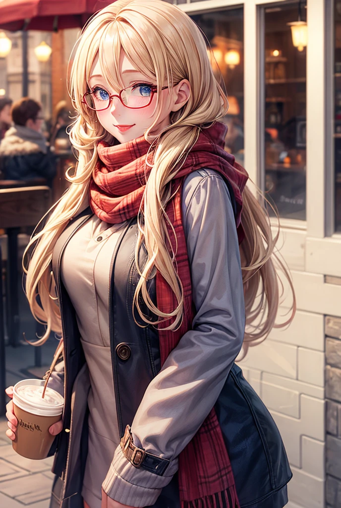 1girl, Blush, Blonde Hair, Blue eyes, Large breasts, Red Lips, Nervous smile, Shy, Wearing winter clothes, glasses and scarf, Set in a cafe