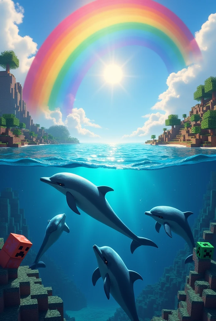 An image of dolphins in the sea with a rainbow and having Minecraft creatures 