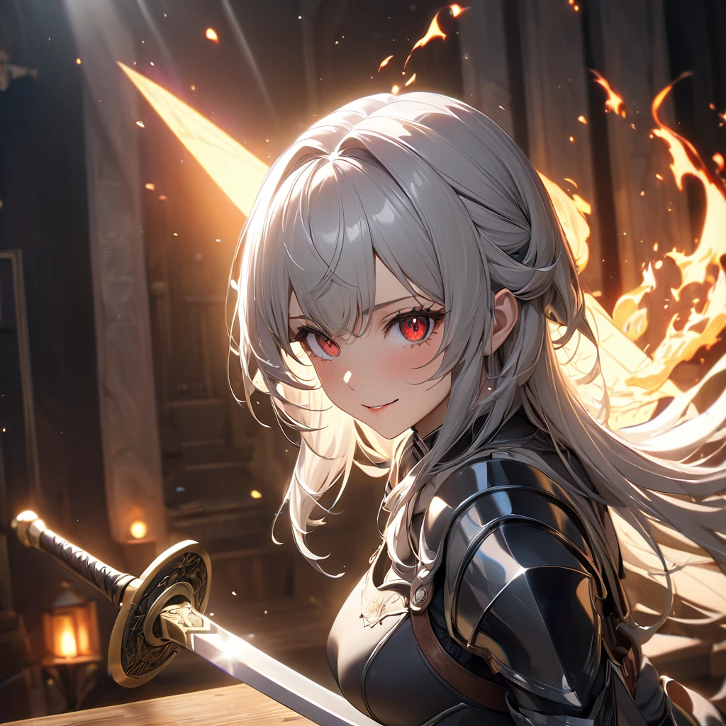 最high quality, wonderful_delicate, wonderful delicate eyes, Super detailed, beautiful, 8k , One girl, Red eyes, evil, Facial Contour,(Absurd, High resolution, Super detailed), masterpiece, The perfect solution, wonderfulディテール, Super Detailed, Cinema Lighting, Ray Tracing, Depth of written boundary, Cinema Lighting, Ray Tracing, 超High resolution, Attention to detail, 最high quality, High resolution, high quality, Awards, Super Detail, masterpiece, 8k, 超High resolution, Attention to detail, 最high quality, High resolution, high quality, Awards, Super Detail, masterpiece, 8k, Digital Art, Anime Coloring,(Official Art、最high quality、unity 8k wallpaper、32K、masterpiece、Very detailedな、超High resolution、Realistic、Photorealistic:1.2)、(Cinema Lighting:1.2)、Fire glow effect、Film Grain、Best Shadow、Rim Light、Side light、(Very detailedで複雑な3Dレンダリング)、((Swiss countryside village、とてもbeautiful背景))、細部までbeautiful顔と目、(Beautiful and sharp eyes)、masterpiece, High resolution、最high quality, ultra High resolution, Maximum resolution, Very detailed, Professional Lighting, beautiful肌, 2. Women、Silver Hair、Hololive、Shirogane Noel、knight、armor、Warrior、smile、((Show off your swordsmanship、knightの剣、knightの盾))、royal palace、city、((whole body))、((Accurate Anatomy))
