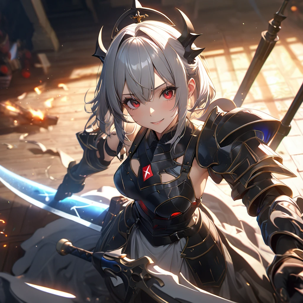 最high quality, wonderful_delicate, wonderful delicate eyes, Super detailed, beautiful, 8k , One girl, Red eyes, evil, Facial Contour,(Absurd, High resolution, Super detailed), masterpiece, The perfect solution, wonderfulディテール, Super Detailed, Cinema Lighting, Ray Tracing, Depth of written boundary, Cinema Lighting, Ray Tracing, 超High resolution, Attention to detail, 最high quality, High resolution, high quality, Awards, Super Detail, masterpiece, 8k, 超High resolution, Attention to detail, 最high quality, High resolution, high quality, Awards, Super Detail, masterpiece, 8k, Digital Art, Anime Coloring,(Official Art、最high quality、unity 8k wallpaper、32K、masterpiece、Very detailedな、超High resolution、Realistic、Photorealistic:1.2)、(Cinema Lighting:1.2)、Fire glow effect、Film Grain、Best Shadow、Rim Light、Side light、(Very detailedで複雑な3Dレンダリング)、((Swiss countryside village、とてもbeautiful背景))、細部までbeautiful顔と目、(Beautiful and sharp eyes)、masterpiece, High resolution、最high quality, ultra High resolution, Maximum resolution, Very detailed, Professional Lighting, beautiful肌, 2. Women、Silver Hair、Hololive、Shirogane Noel、knight、armor、Warrior、smile、((Show off your swordsmanship、knightの剣、knightの盾))、royal palace、city、((whole body))、((Accurate Anatomy))
