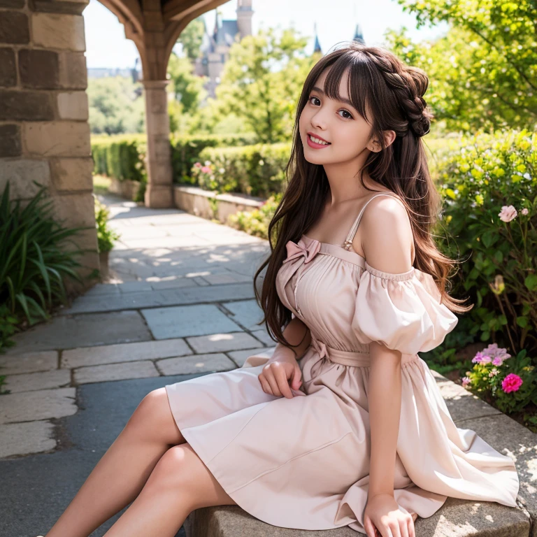 laughing out loud，1 female, 2，（Yellow princess dress in beauty and the beast），Outside the castle，Large skirt，Big hem，light brown hair, blunt bangs, hair behind ears, Shoulder length hair, long hair, Braided hair repair，long body shape, 超face slimming型, face slimming, delicate lips, beautiful eyes, Thin blush, Eyes are light brown,Check it out here, (actual:1.3), One person's perspective, 8k, Super detailed, high quality, best quality, High resolution，knee shot，My breasts look big in my clothes，There are bows on both shoulder straps，Bow shoulder strap