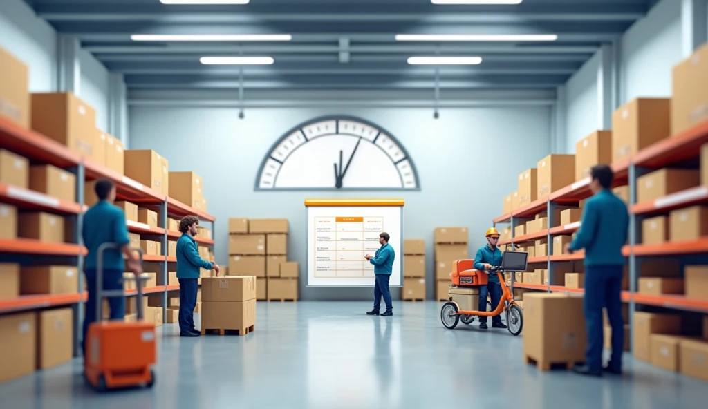 A professional and realistic image depicting a well-organized work schedule in a fulfillment center that promotes a healthy work-life balance. The scene shows a clean, well-lit warehouse where employees are busy with their tasks, with a clear and detailed schedule. In the background there is a subtle indicator of personal life balance, such as a clock showing the end of the work shift, when employees head out to have a good time. The atmosphere is relaxed and productive, highlighting the company's commitment to providing employees with a clear and predictable work schedule that allows them to lead balanced lives.