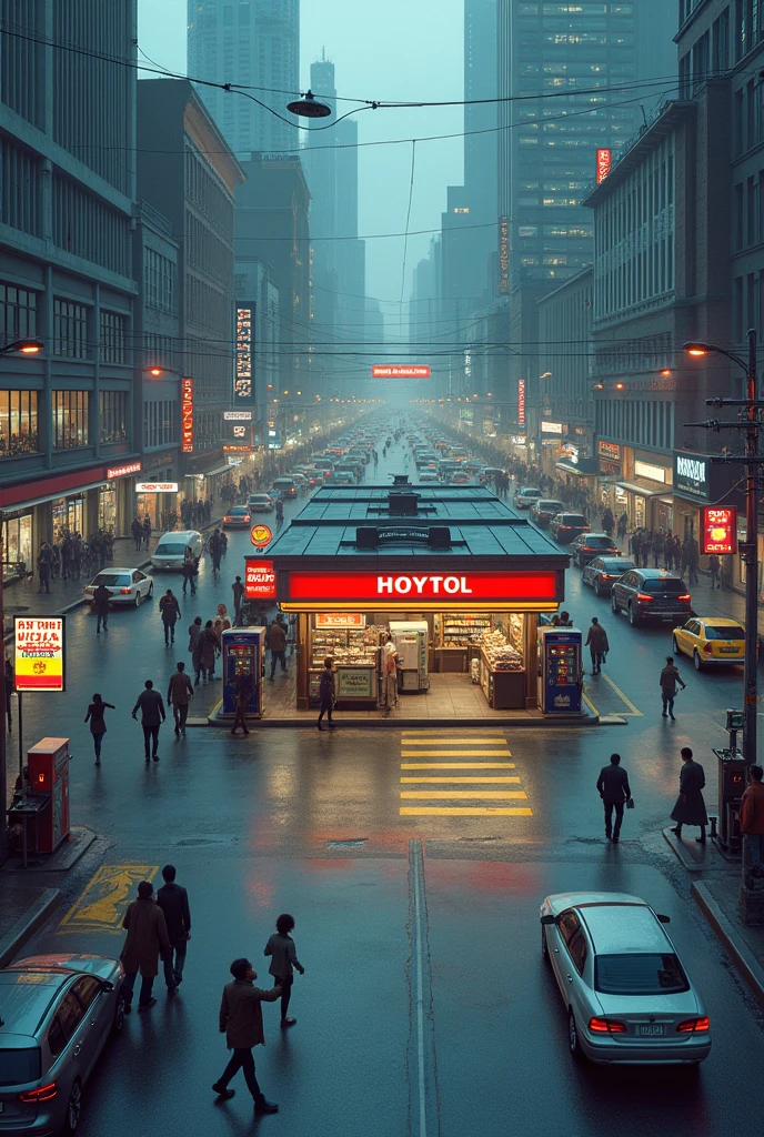 Gas station in the middle of the street with a road dividing paths on the left and right