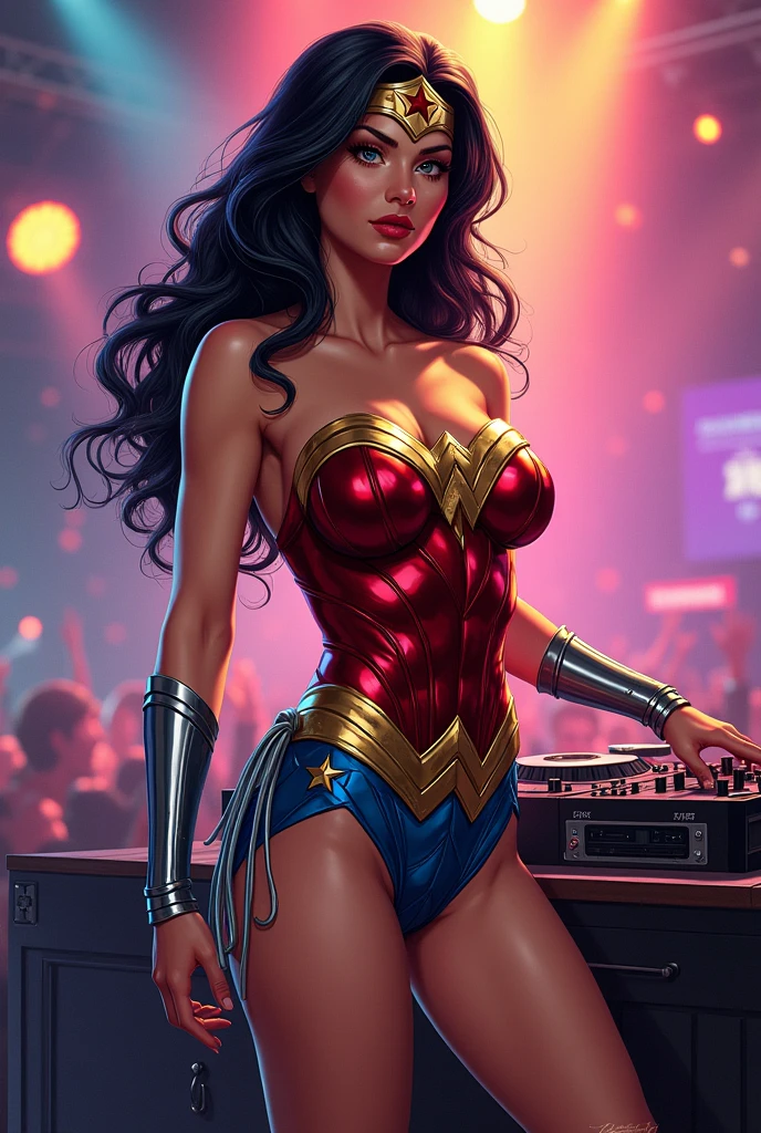Wonder woman, big breasts, perfect body, Busty, Touching the Dj
