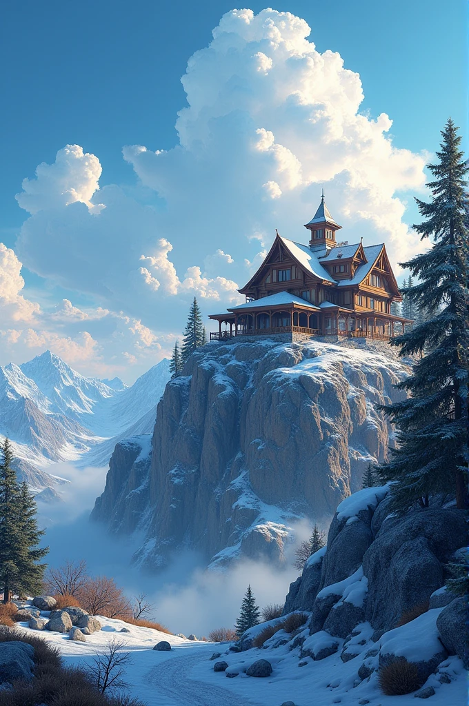 a house on a high mountain with a picture of the sky and clouds