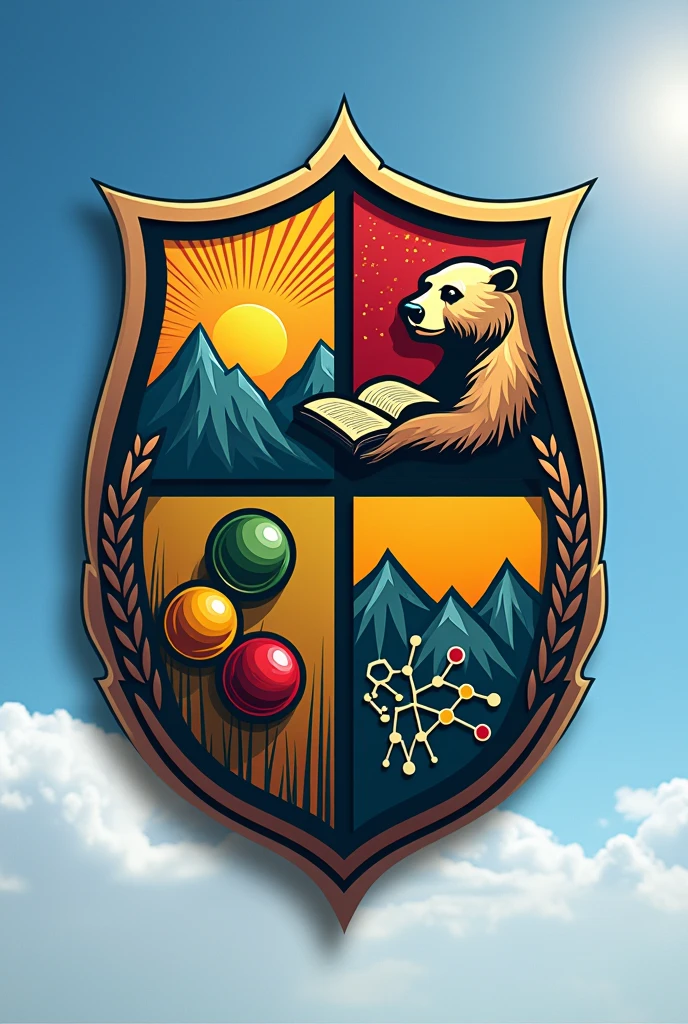 Clear, I propose a shield inspired by the Spectacled Bear to represent Yachay Tech, highlighting both intelligence and the connection with nature and science.
Name of the Coat of Arms:
"Glasses of Knowledge"
Description of the shield:
form: A classic shield, divided into three sections.
upper part: A stylized spectacled bear, Profile, with an open book under its front paws, symbolizing wisdom, science and research.
Bottom left: A representation of the rising sun behind mountains, symbolizing the dawn of knowledge and personal growth.
Lower right part: A laurel branch surrounding a stylized molecule, highlighting the scientific approach and investigative nature of the university.
Phrase the motto:
"Wisdom and Nature combined"
(In Latin: "Wisdom and Nature United")
This motto reflects the fusion of scientific knowledge with the natural wealth of Ecuador., a central idea in an institution like Yachay Tech.
What do you think about this concept?? Would you like any additional adjustments or elements??
THE SPHERES IN THE MIDDLE MUST BE COLORED: red, green, YELLOW AND BLUE AND THE COLOR OF THE SKY SHOULD BE SKY BLUE, SO EVERYTHING FOCUSES ON THE COLOR THAT CHARACTERIZES YACHAYTECH UNIVERSITY