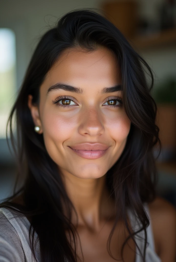A Brazilian woman with straight black hair taking a selfie with a slight smile without showing her teeth