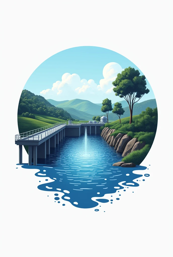 Water resources engineering logo combined with water reservoir and make it look like a realistic 
Make the engineering side dominant but keep the reservoir building or irrigation being part of this logo delete rhe waterfall side 
I dont need the engine, combine irrigation and reservoir on the logo
Make this like a real picture