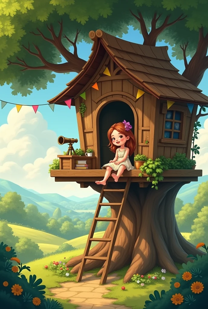 A girl sitting in a treehouse