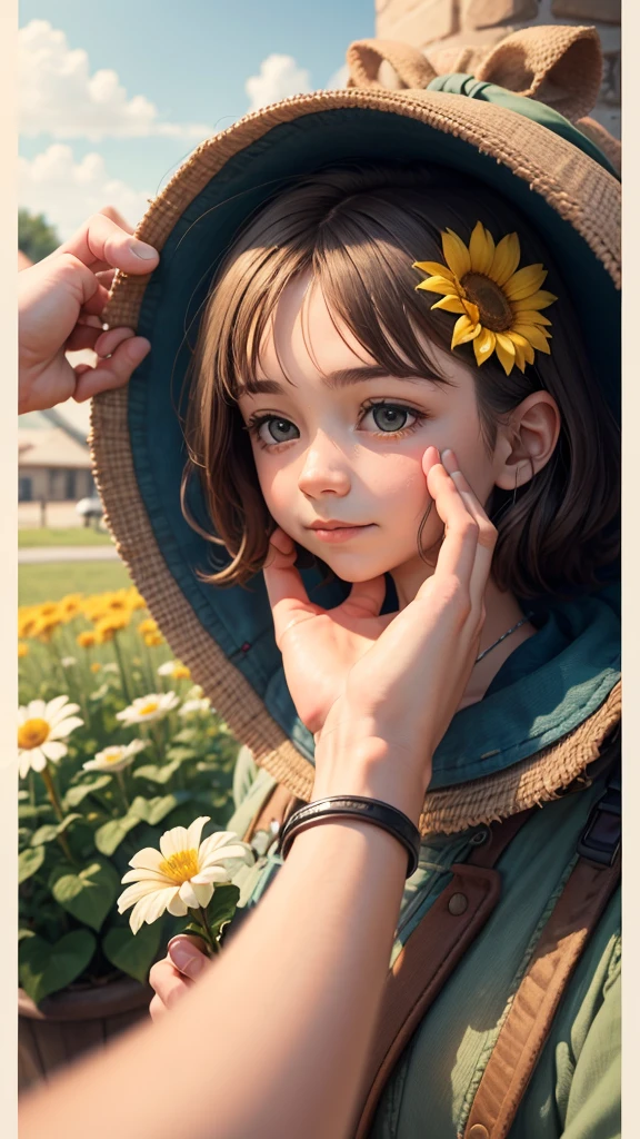 A scene showing a series of small acts of kindness: a hand offering a flower