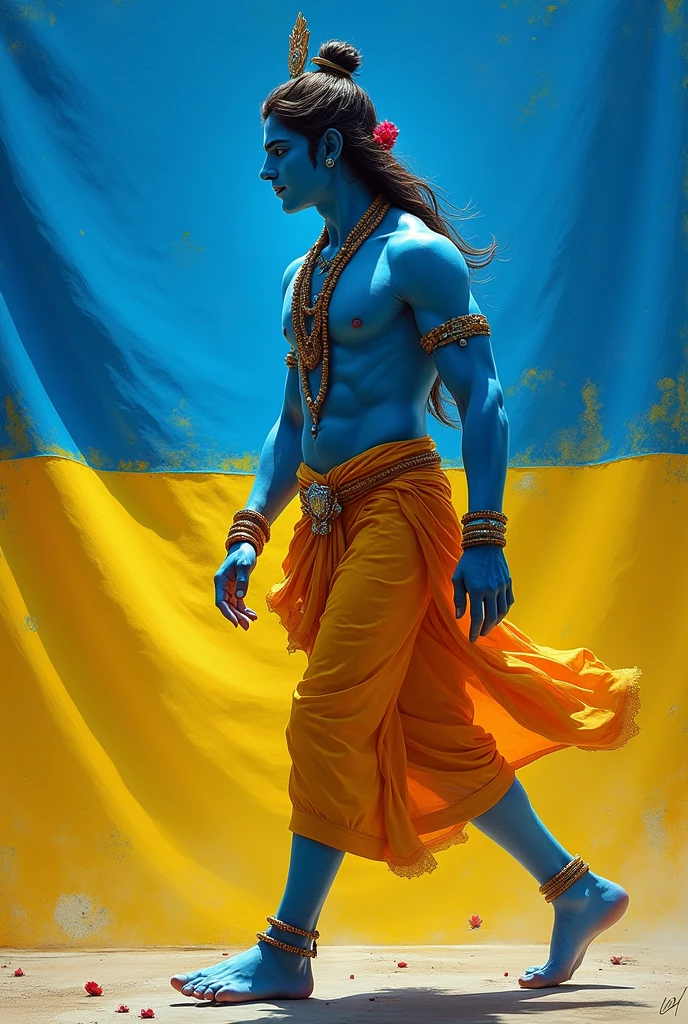 Krishna blue skin walking infront of ukrain flag pass to right hand

