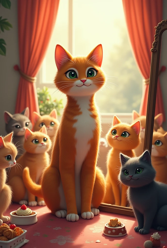The main character, a cat, stands in front of a mirror.、With a proud smile。My cat friends are gathered around me、We play and enjoy meals together。Food and toys are depicted in the background.、There is a happy atmosphere in the air。