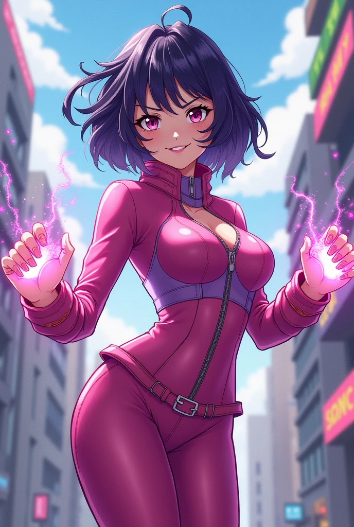 Create a female My Hero Academia character with short hair, pink clothes with light purple and glitter