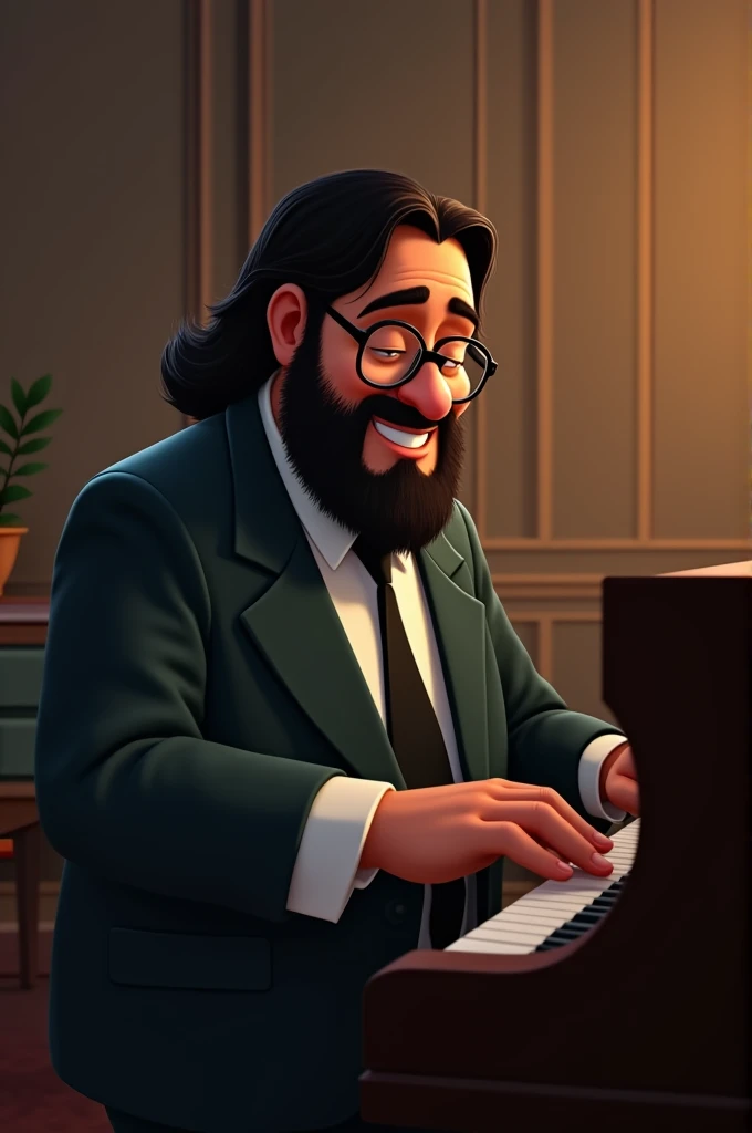 Dark-skinned man, a bit overweight, suit, with beard and glasses and a bit long hair, playing piano animated version