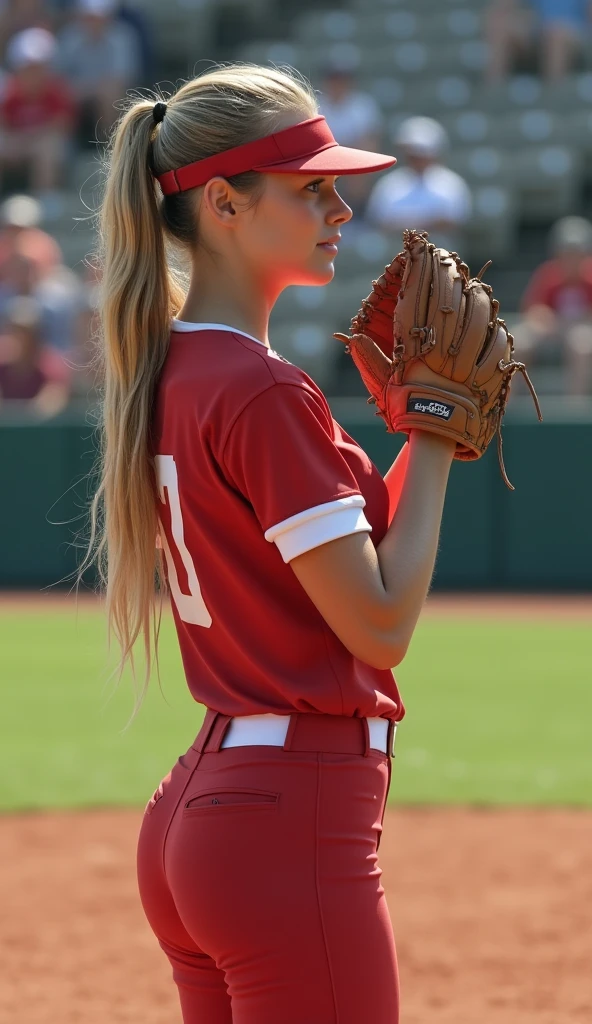 captured from behind, most beautiful 16yo girl, softball player, beautiful detailed face, beautiful detailed eyes, dirty-blonde-with-highlights hair in a ponytail, excellent female figure, very tightly-fitted jersey top, very tightly-fitted booty-hugging softball jersey pants, softball visor, ((large round perfect sexy ass, thicc toned thighs)), very narrow very fit stomach, large natural breasts, standing on the pitcher mound, softball field, leaning forward looking at the catcher for a sign, glove up with hand palming the ball preparing to pitch, teammates in the field, surrounded by fans in the bleachers, opposing team batter at the plate, home dugout occupied by players, (masterpiece, highres, 8k,ultra-detailed, best quality:1.2), (photorealistic,photo-realistic,realistic:1.2), (associated press, award winning, sports action, close up, cover, natural lighting, natural shadow, best depth of field, bokeh, impeccable timing:1.2), (physically-based rendering, anatomically perfect:1.2)