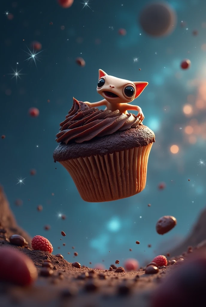 A chocolate cupcake in space and an alien eating it