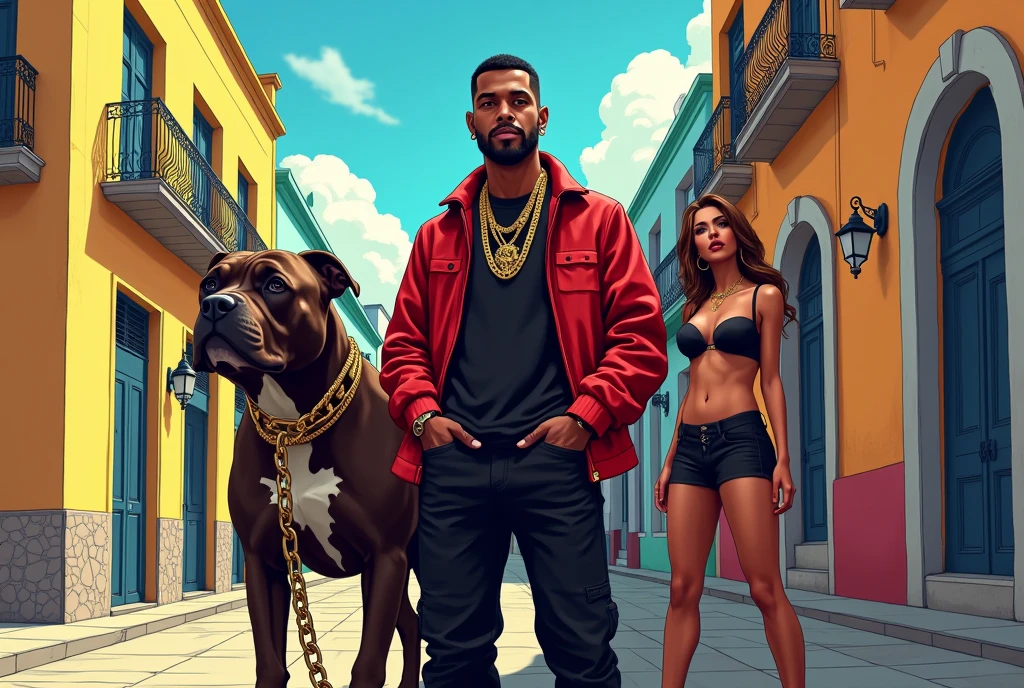 1man puerto rican ((dark skin)) gta style in old san juan beard fade hair cut  nice edge up gold chains gold esrings full body  portrait((,animation)) hands in pocket urban clothing black and red holding a massive pitt bull with a thick chain leash and a sexy lady next to him micro clothing 