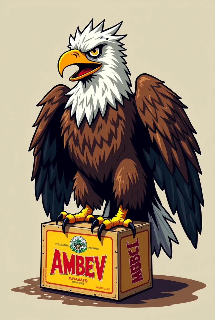 Generate a cartoonish image of an evil-looking eagle on top of a box of AmBev beer in its claws