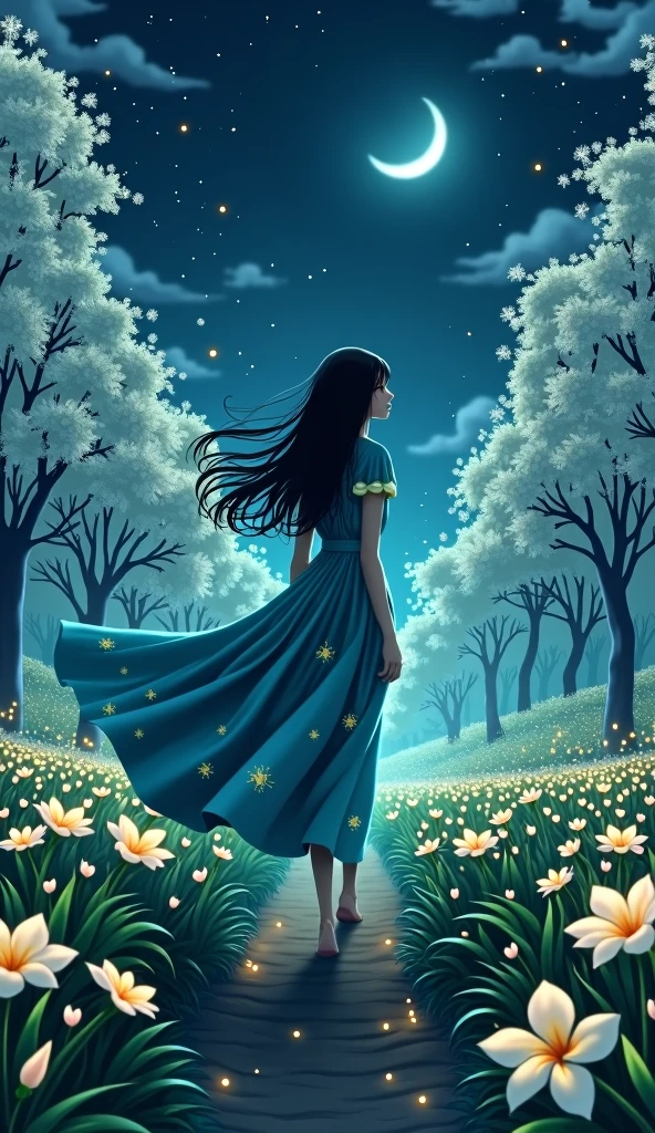 only one girl, long black hair, standing far away while looking behind, wearing a blue green dress with plumeria flowers printed, night time, fireflies, plantation of white plumeria flower