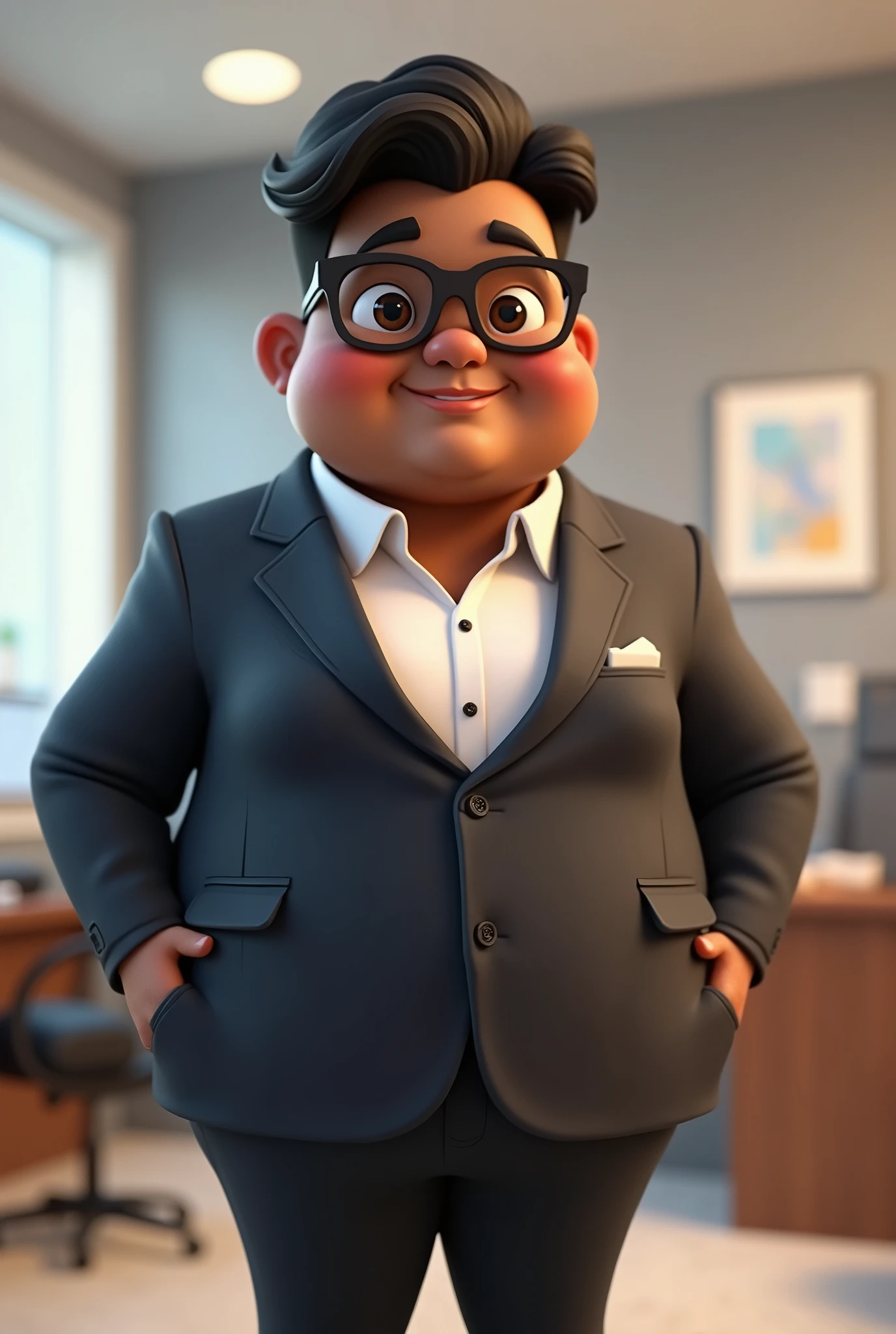 chubby animation character, with glasses, with an office suit, dark-skinned, with short hair